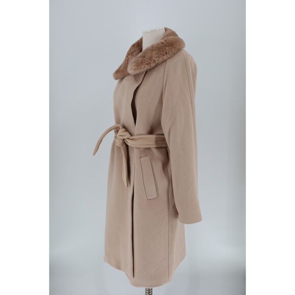 Max Mara Studio Women Size 6 Wool Tan  Fur Collar Lined Angora Trench Coat - Picture 5 of 11